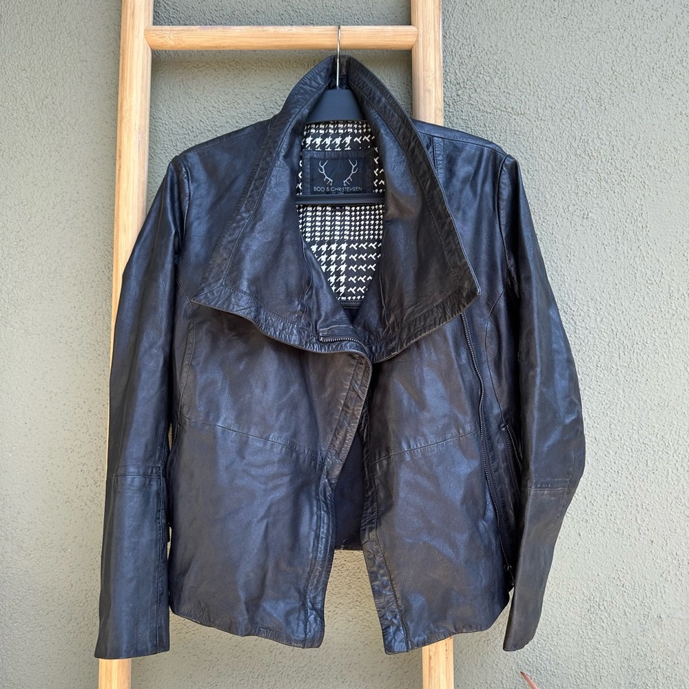Women’s Black Leather Jacket - Sleek Draped Front
